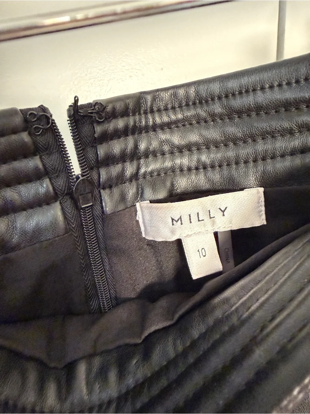 Milly size 10 Black Quilted Faux Leather Mini Skirt